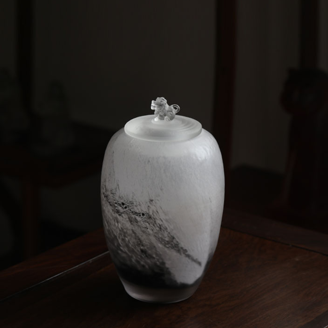 【Ink Wash】Handcrafted Glassware: Long Olive-Shaped Small-Mouth Tea Canister with Airtight Seal